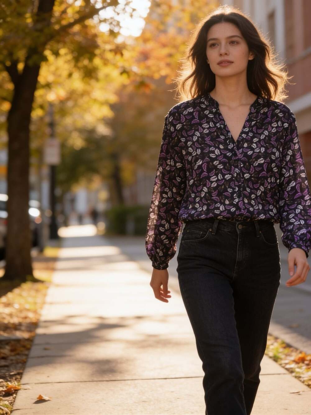Zac & Rachel Black and Purple Leaf Print Long Sleeve V-Neck Blouse Size M